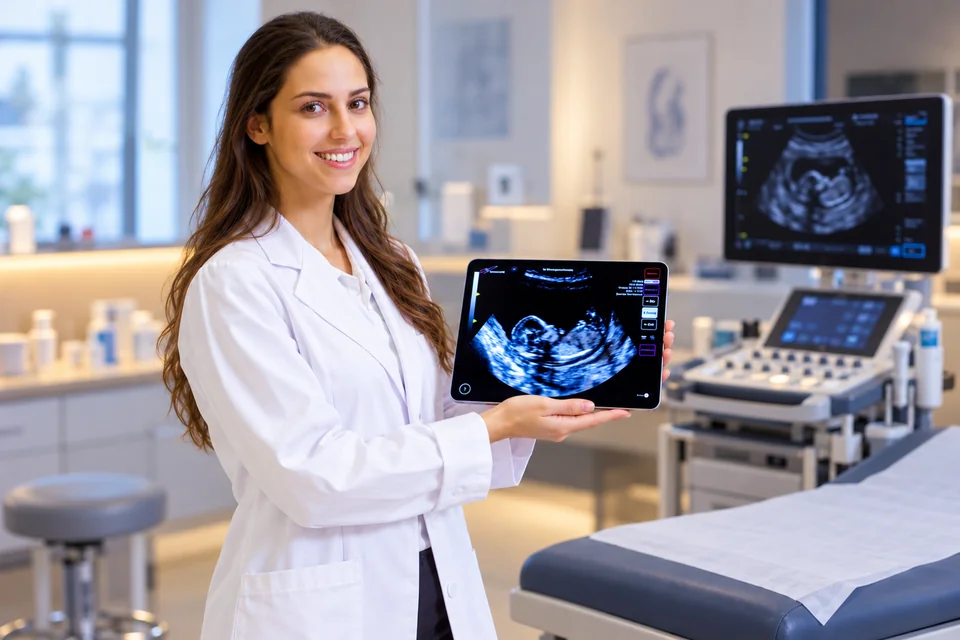 Learn sonography with Scanbooster: an ultrasound image on a tablet in an examination setting.
