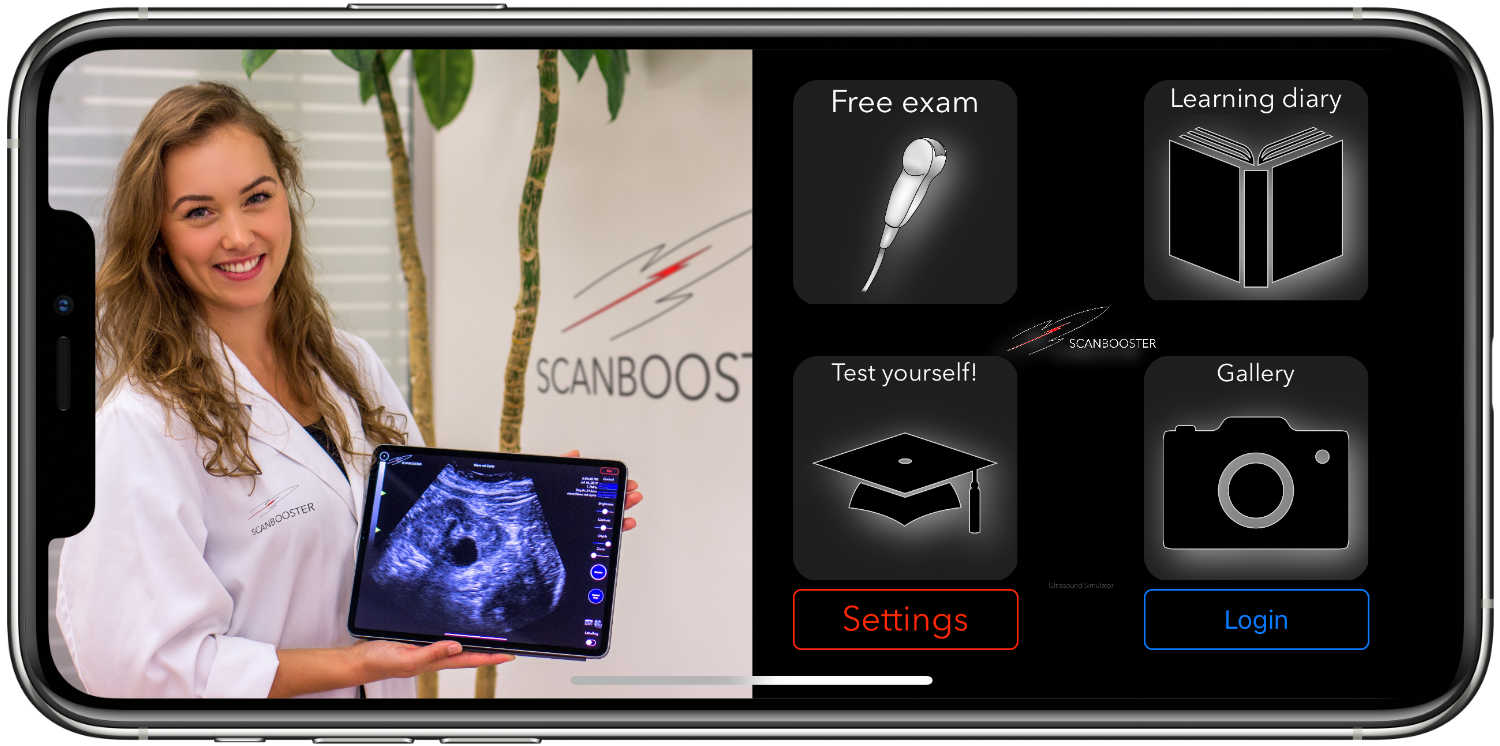 Scanbooster, the worlds first realistic ultrasound simulator app - Scanbooster Ultrasound simulator app. Here is shown our startscreen: you can choose to select the ultrasound training mode, learning diary and free ultrasound exam - for you to learn sonography
